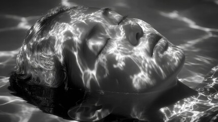 Serene young female in water with light reflections.