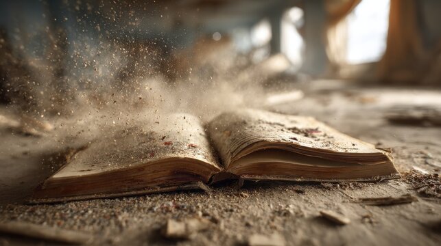 Ancient dusty book in abandoned room surrounded by floating particles.