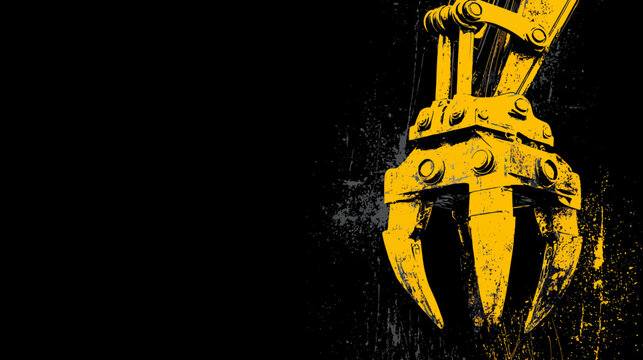 Bold graphic of a yellow construction claw against a dark background with splatter effect