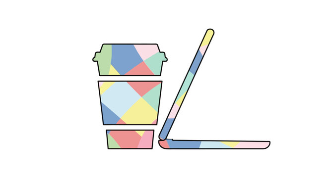 Colorful disposable coffee cup with lid.