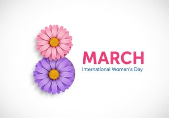Happy International Women's Day greeting with pink and purple flowers