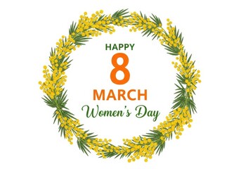 Happy International Women's Day framed with yellow mimosa flowers