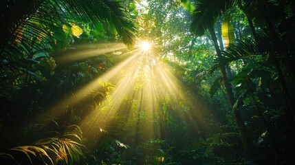 Obraz premium Sunbeams through lush tropical rainforest canopy, nature background