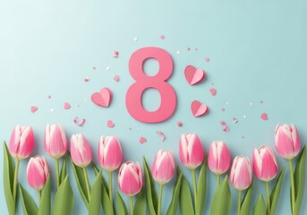 International Women's Day tulips and number 8 on light blue background