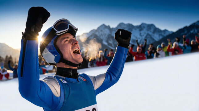 Ski Jumper Emotional Victory, Shouting Joy Winter Olympics (AI Generated Illustration)