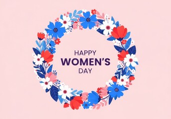 Happy Women's Day floral wreath illustration with pink background