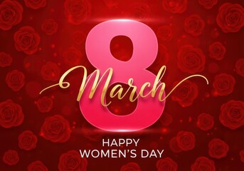 Happy Women's Day March 8th with pink number 8 and rose background