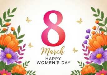 Happy Women's Day floral border with butterflies and golden March