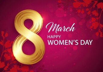 Golden number 8 for March 8th Happy Women's Day on pink background