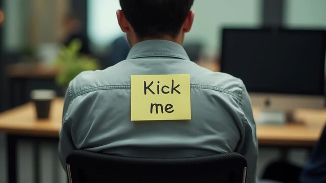 April fools prank concept, sticky note attached to a persons back