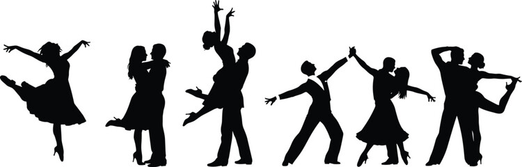 Silhouettes of professional dancers in various elegant poses, ballroom dancing, ballet performance, latin dance, romantic couples, artistic movement, stage entertainment.