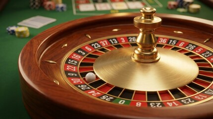 Golden Casino Roulette Wheel with Ball Landing on Black Pocket Represents Gambling, Luck, and Risk Concept
