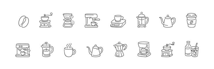Collection of colorful line art icons representing various coffee making tools and beverages