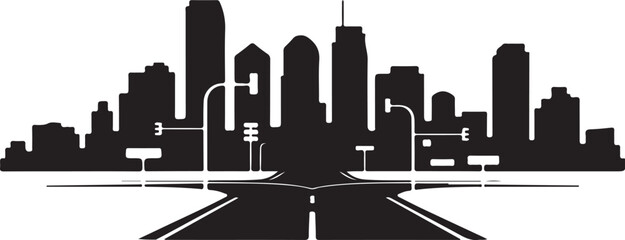 Obraz premium Black and white city skyline with road and traffic signs