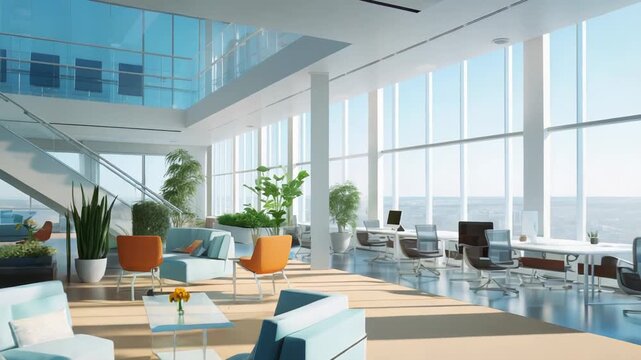 Modern office lobby bathed in sunlight through floor to ceiling windows, featuring minimalist seating, green plants and a bright, airy reception space for corporate visitors