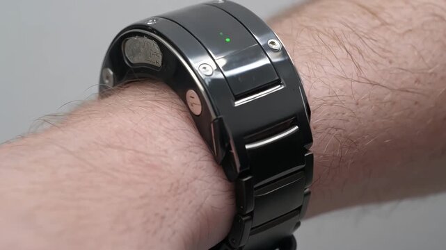 Closeup medium shot of a rechargeable noninvasive ankle bracelet with digital status indicators representing advanced parole tracking systems.