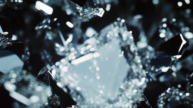 Shimmering crystal facets and scattered diamond dust catch cool light on a dark background, creating a sparkling, luxurious abstract texture evoking gems and high end jewelry