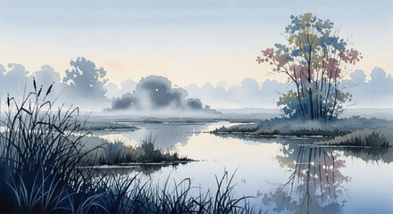 Misty watercolor landscape of a serene wetland with colorful trees reflected in the calm water