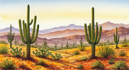 Serene Desert Landscape A Vibrant Watercolor Painting of Saguaro Cacti and Arid Terrain Under a Warm Sunset Sky © Beny Qurdy