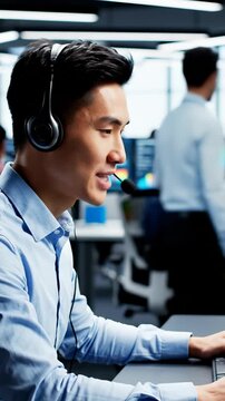 Customer service representative works in call center. Agent provides support and assistance to clients. Modern office environment fosters productivity and teamwork. Vertical workspace captures focus