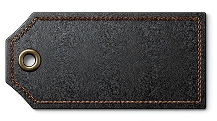 Black leather tag with brown stitching and metal eyelet, isolated on white background