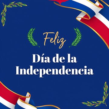 Celebratory illustration of Feliz Dia de la Independencia with national flags and ornamental leaves on a vibrant blue background signifying national pride and festivity