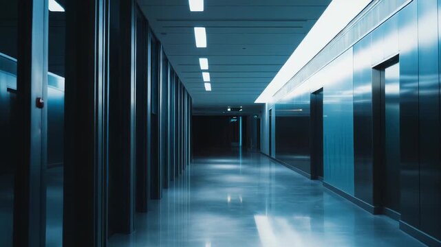 Modern architectural corridor with a polished floor reflecting the blue toned lighting and minimalist design, creating an empty and futuristic indoor space