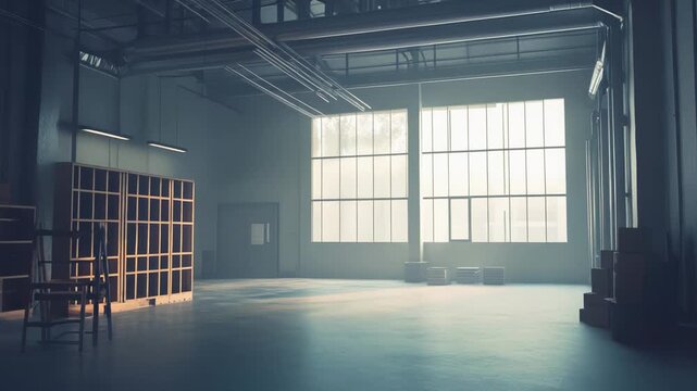 Spacious industrial warehouse interior with high ceilings, exposed ductwork and floor to ceiling windows letting diffuse daylight flood a clean, empty studio workspace