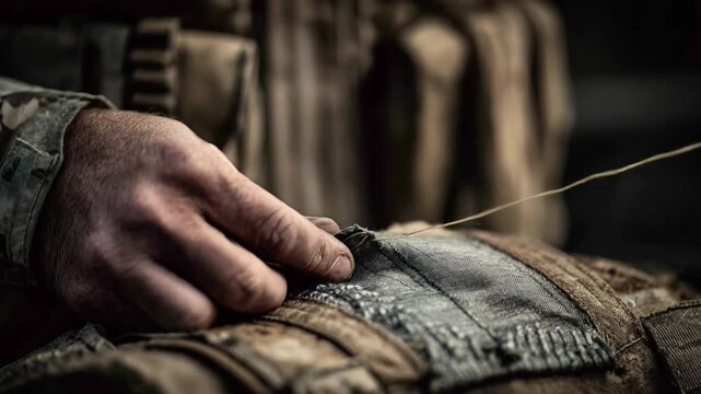 Closeup of skilled hands sewing durable Kevlar fabric crafting protective wearables designed for highrisk field operations in rugged environments.