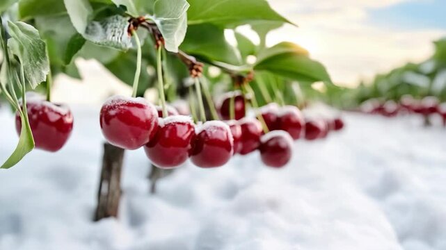 Cherry branches covered in snow with ripe red fruits hanging in winter light, showing a contrast between nature and cold weather
