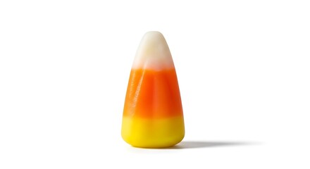 Close-up shot of a single, iconic candy corn piece with distinct yellow, orange, and white layers on a white background, casting a soft shadow