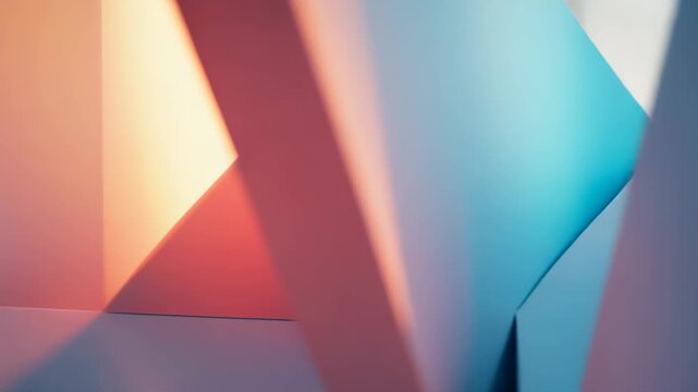 Geometric forms in an abstract composition creating a visually dynamic interplay of light and shadow, featuring soft pastel color gradients and angular architectural elements
