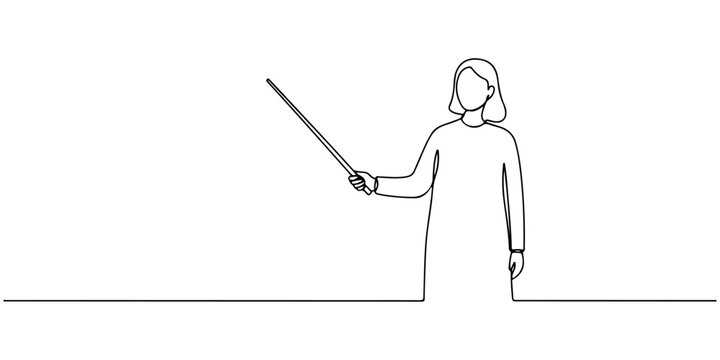 Continuous one line of a teacher holding a pointer stick, drawn illustration.