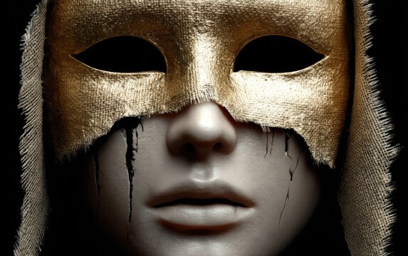 Close-up portrait of a haunting figure wearing a cracked golden mask with black tears streaming down.