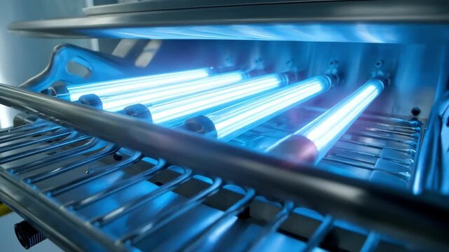 Closeup medium shot of a lowenergy UVC disinfection chamber gently sanitizing medical tools highlighting energyefficient light panels in action.