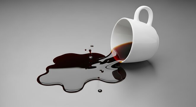 A stark, minimalist image capturing the moment a white ceramic coffee mug has been accidentally knocked over, spilling dark liquid coffee onto a smooth, grey surface, creating a noticeable mess