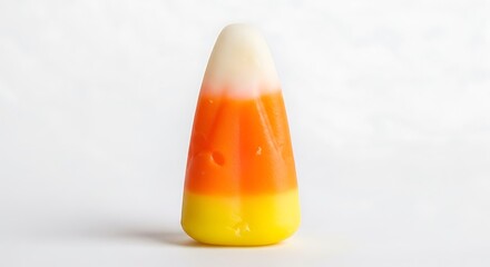 A close-up studio shot of a single candy corn piece with distinct yellow, orange, and white layers, isolated on a plain white background