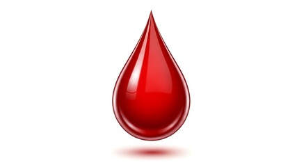 Fototapeta premium A single, vibrant red drop of blood, symbolizing life and health with a gentle shadow cast below on a pure white background