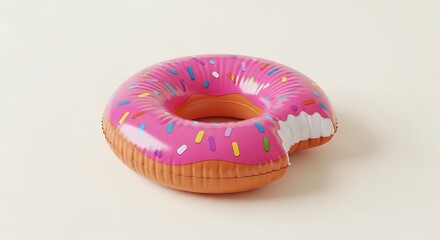 Vibrant pink inflatable donut with colorful sprinkles and a playful bite, evoking a sense of sweet summer fun and relaxation by the water and sunny days