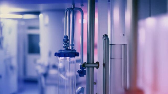 Scientific laboratory equipment and industrial machinery forming a modern backdrop for chemical and technological research, highlighting innovation and development in a blurred setting
