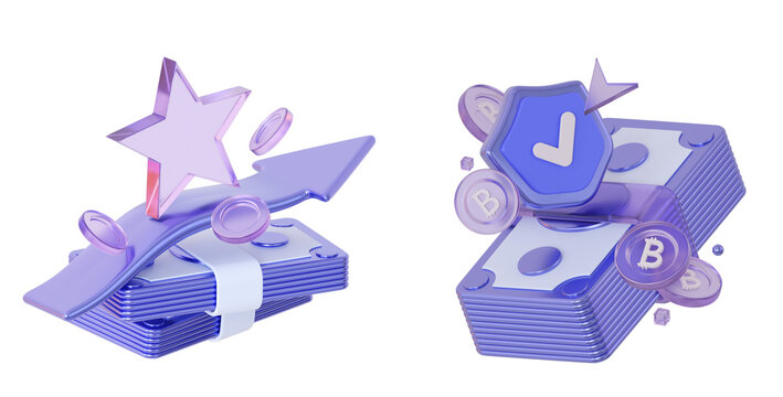 3D business finance set with money stacks, growth arrow and security shield. Concept of financial success, secure investment, and cryptocurrency profit. 
