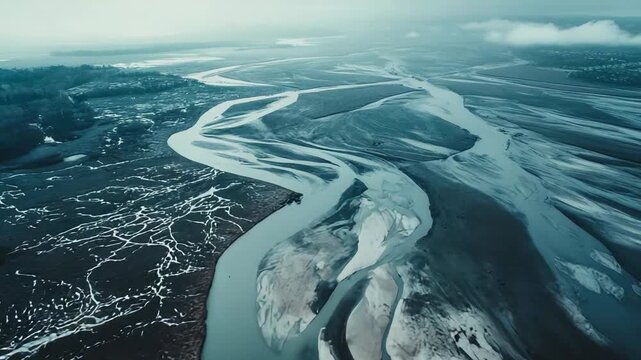 Braided river carving a vast delta of winding channels and sandbanks seen from above, an abstract natural pattern of water, sediment and muted tones under a calm sky