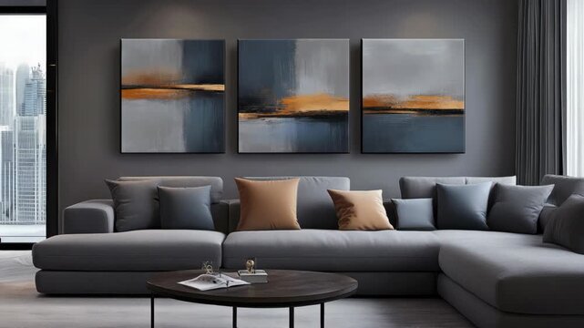 A modern living room shows two wall art frames above a large sofa with a coffee table. Natural light fills the space from the windows
