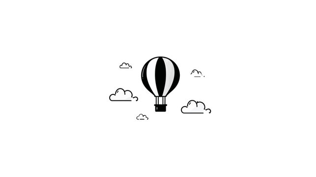 Black and white striped hot air balloon amidst cartoon clouds on a plain white background