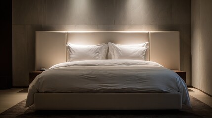 Minimal white bed in calm modern bedroom. AI generated image