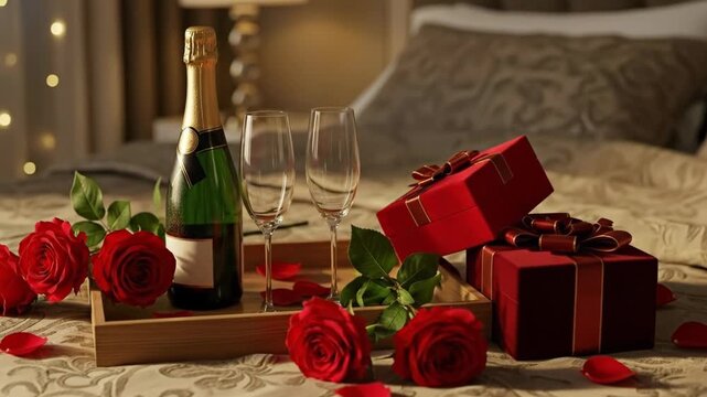 champagne bottle and glasses on wooden tray in bed. red roses and gift boxes with ribbons. romantic surprise for couple. valentine's day celebration. honeymoon, anniversary, greeting card background.