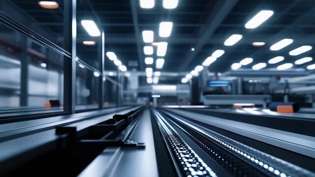 Automated production line featuring illuminated components rapidly transporting items through a high tech smart factory, representing modern industry automation and advanced manufacturing