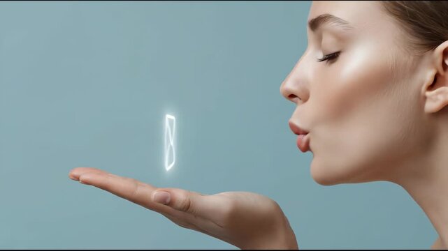 The profile of a girl with her eyes closed, in a kiss. A white envelope icon on a blue background. The concept of electronic marketing and messages. A woman blows on an envelope while sending a letter