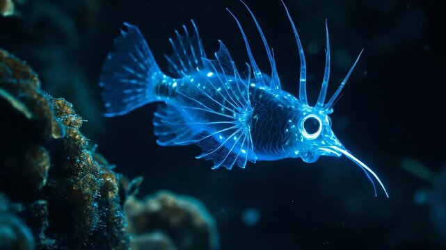 Glowing transparent fish with bioluminescent fins and spines swimming in dark ocean depths, futuristic sea life concept