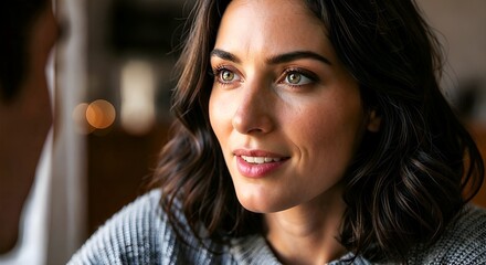 Woman smiling gently while looking to the side indoors.